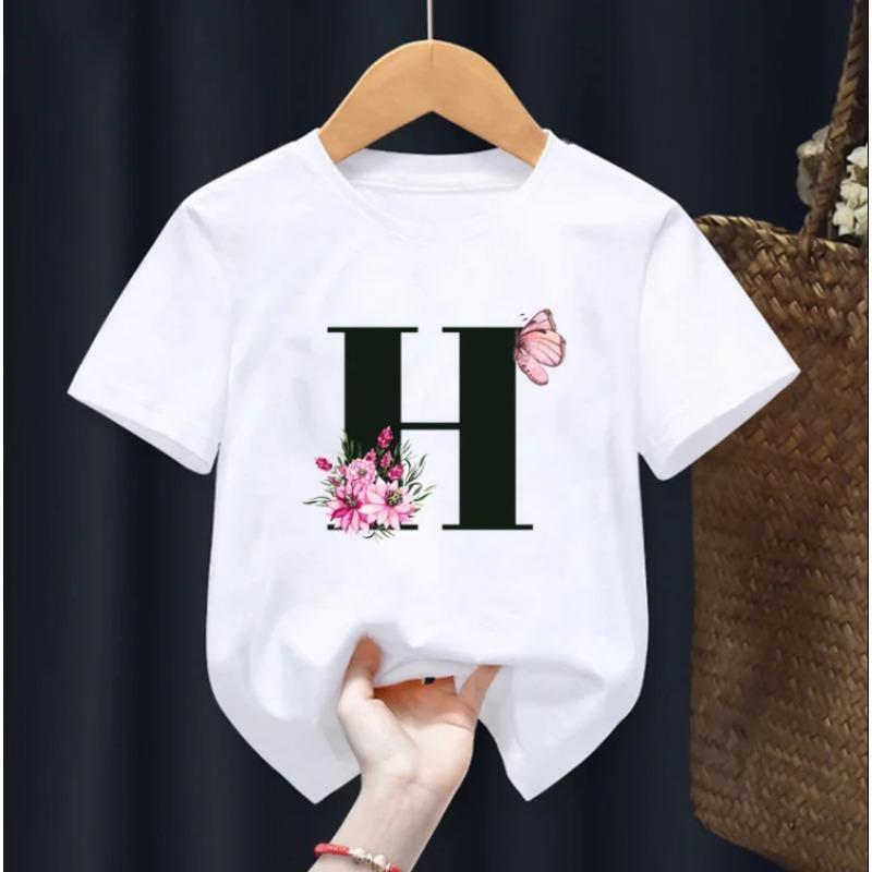 Summer Beautiful Letters Pink Flowers and Butterflies Printed Kids T Shirt Girls Tops Casual Baby Girl T-Shirt  Fashion Short