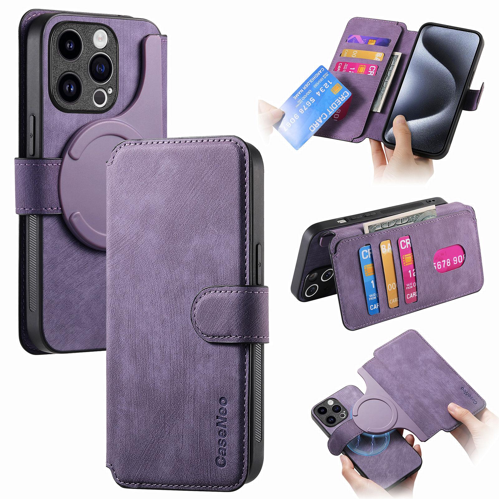 

CASENEO MW-03 For iPhone 13 Pro Max Case with Detachable Wallet Leather+TPU Phone Cover Purple