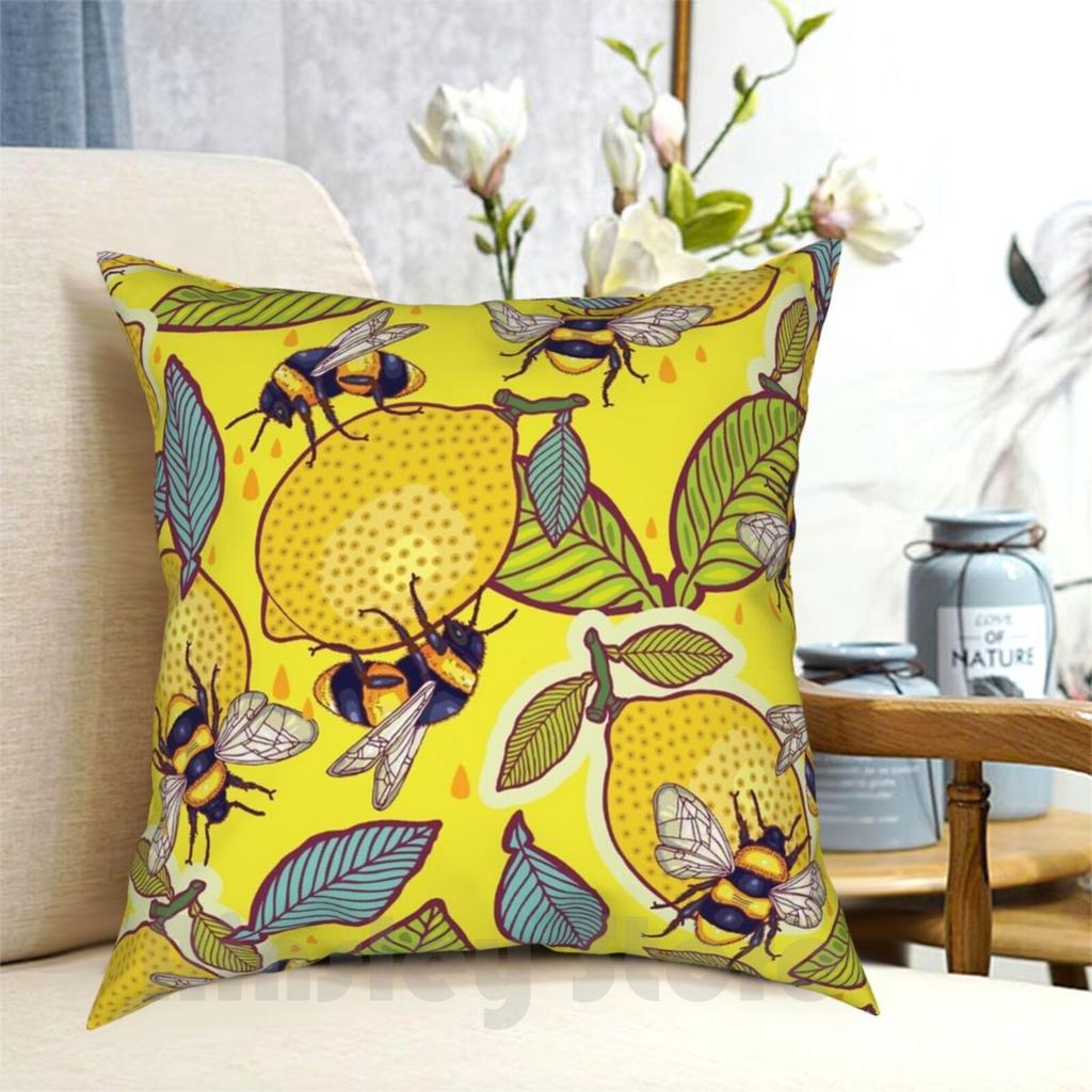 Yellow Lemon And Bee Garden Pillow Case Printed Home Soft Throw Pillow Yellow Bee Garden Honey Hot Summer Sun Bumblebee