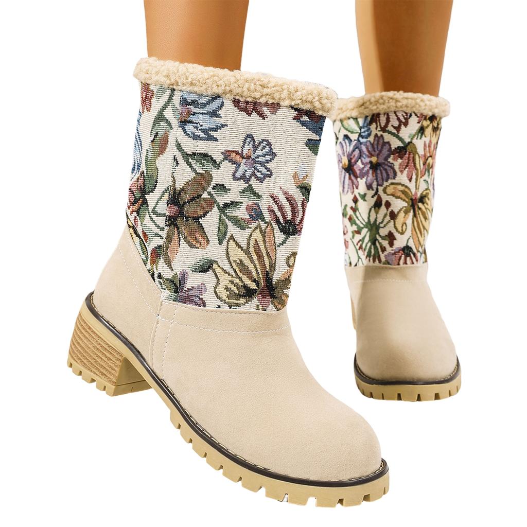 Women's Winter Boots with Heel and Embroidered Flowers - Warm Boots for Cold