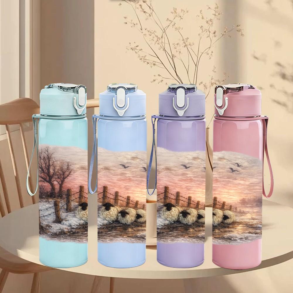 1PC Winter Tree Misty Lake Landscape Print 750ml Color Plastic Sports Water Bottle Leakproof Flip Straw Lid Suitable for Sports Office Home Use