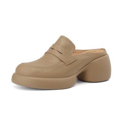 Krazing Pot Full Grain Leather Mules Round Toe Thick High Heels Autumn Outside Slippers Summer Platform Shoes Women Pumps