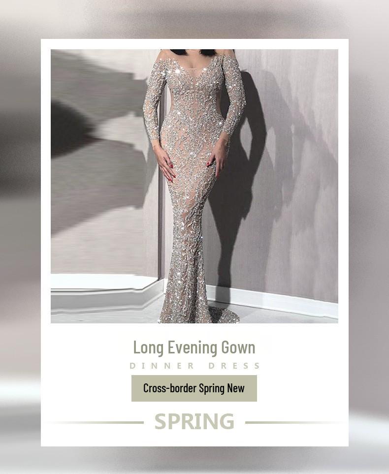 Robe de soirée printemps 2025 européenne et américaine: Jupe Sexy Slim à Manches Longues Estampée à Chaud pour Banquets