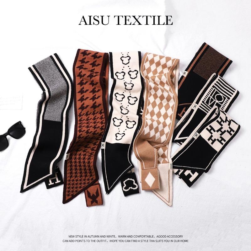 New knitted small scarf women's wool scarf autumn and winter small ears letter camellia narrow scarf