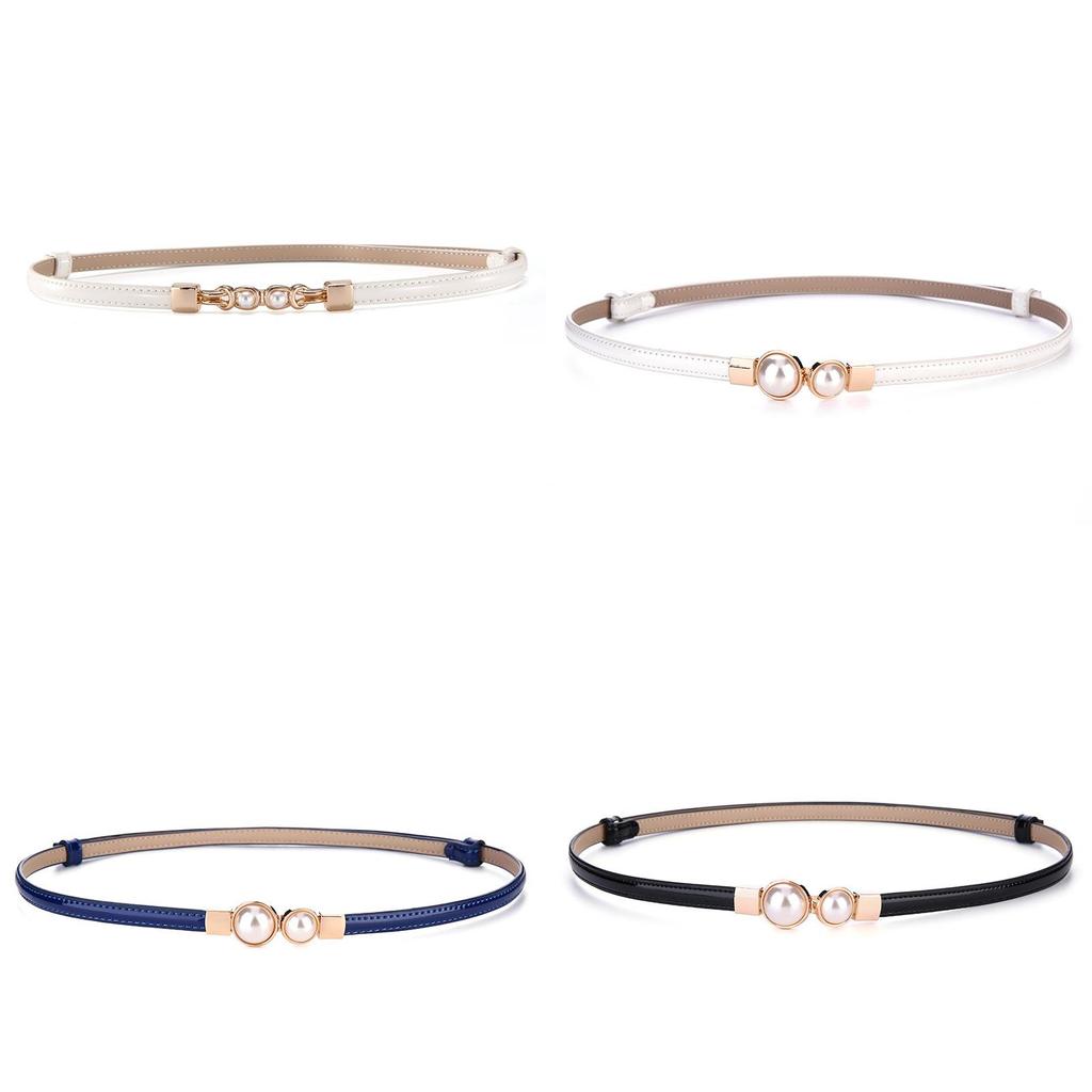 Pearl Embellished Genuine Leather Skinny Belt For Women With Silver Alloy Buckle For Dresses And Blouses