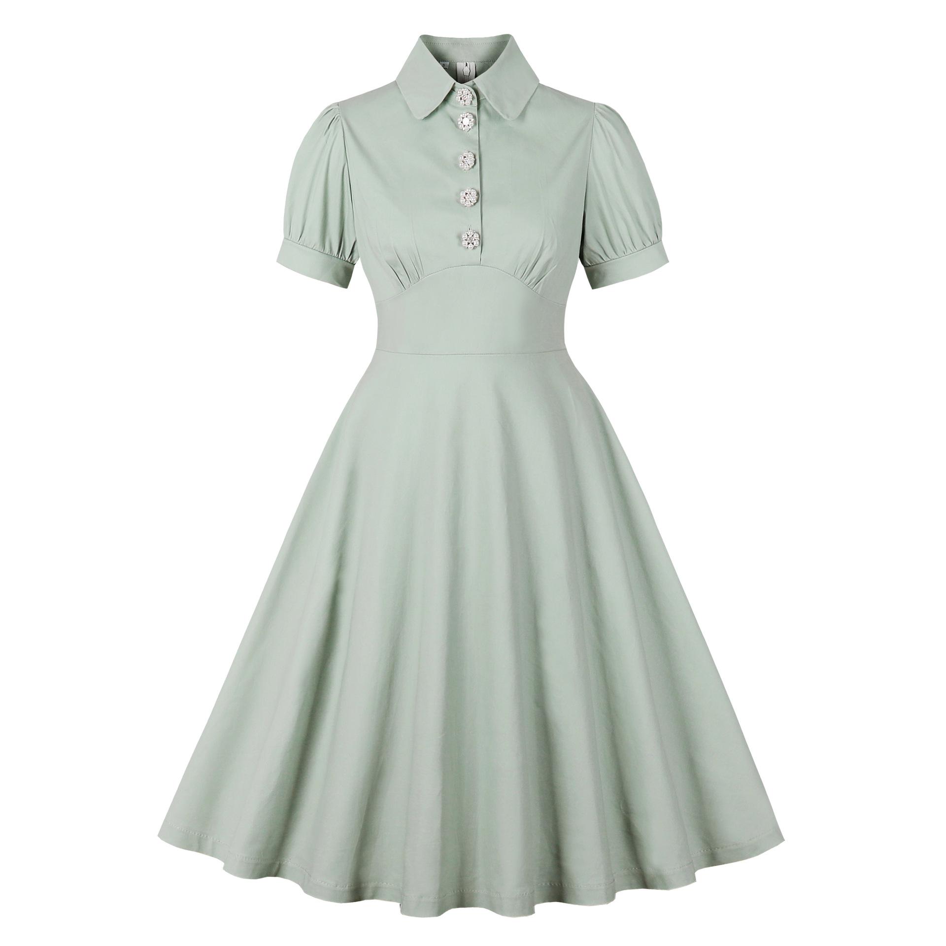 

Европейское и американское ретро хлопковое платье с жемчужной пуговицей и рубашечным воротником Small