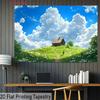 2D Rural Cottage Backdrop Green Flower Hill & Blue Sky Photography Background Cloth