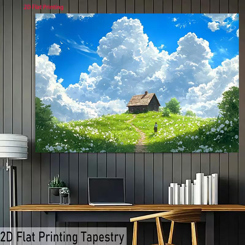 2D Rural Cottage Backdrop Green Flower Hill & Blue Sky Photography Background Cloth