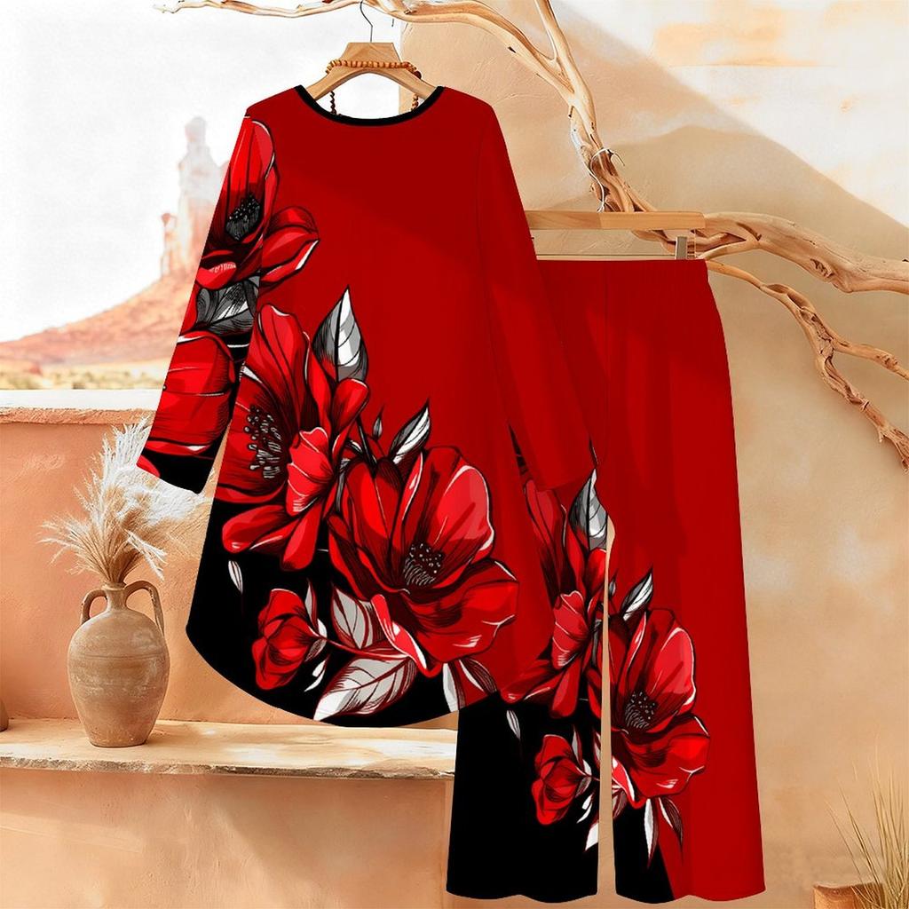 Geometric Pattern Print Two Piece Outfit Women Long Sleeve Irregular Hem Tunic Top Wide Leg Pants Casual Matching Set