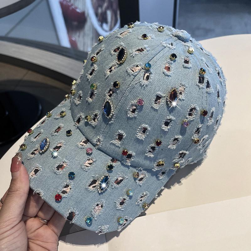 Womens Adjustable Denim Cap With Sparkling Rhinestones And Sunshade For Casual Wear
