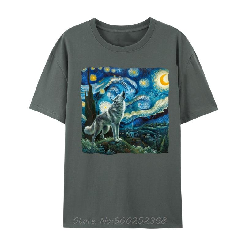Wolf Starry Night Howling Moon Funny TShirt Oversized Casual Tshirt New Summer Tees Cotton Fashion T Shirt Men Clothing