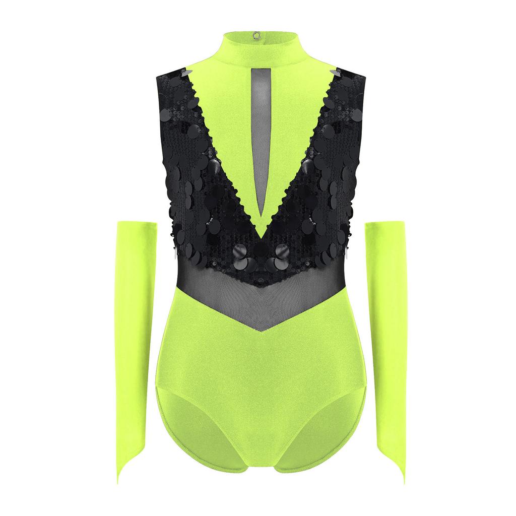 Girls Performance Leotard Mock Neck Sleeveless Cutout Back Sparkling Sequins Color Block Outfit