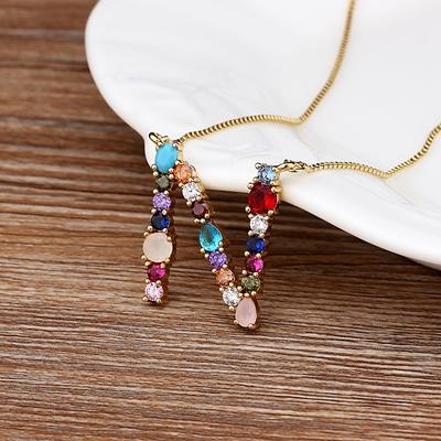 Nidin High Quality Wholesale 26 Letters Multi-color Zircon Necklace Copper Pendant Women Girl Fine Party Jewelry Family Gifts
