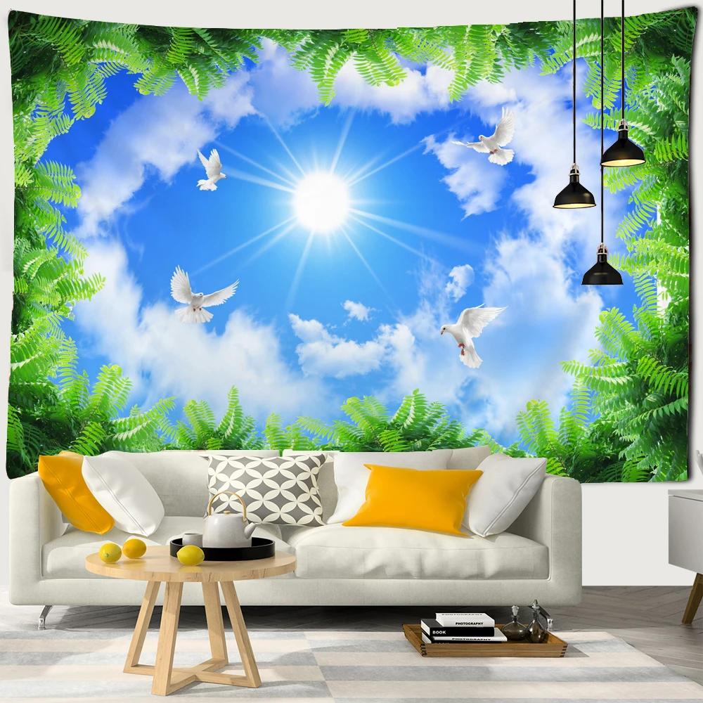 Landscape Tapestry Wall Hanging Sunny Scenery Blue Sky Love Heart Cloud Pigeon Beach Wall Tapestry Backdrop Wall Cloth Tapestry
