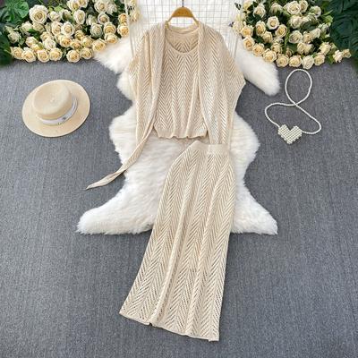 Summer Women Casual Perspective Knitted Sweater 3 Piece Set Sleeve Pullover Top Shawl and Long Midi Sheath Skirt Suit