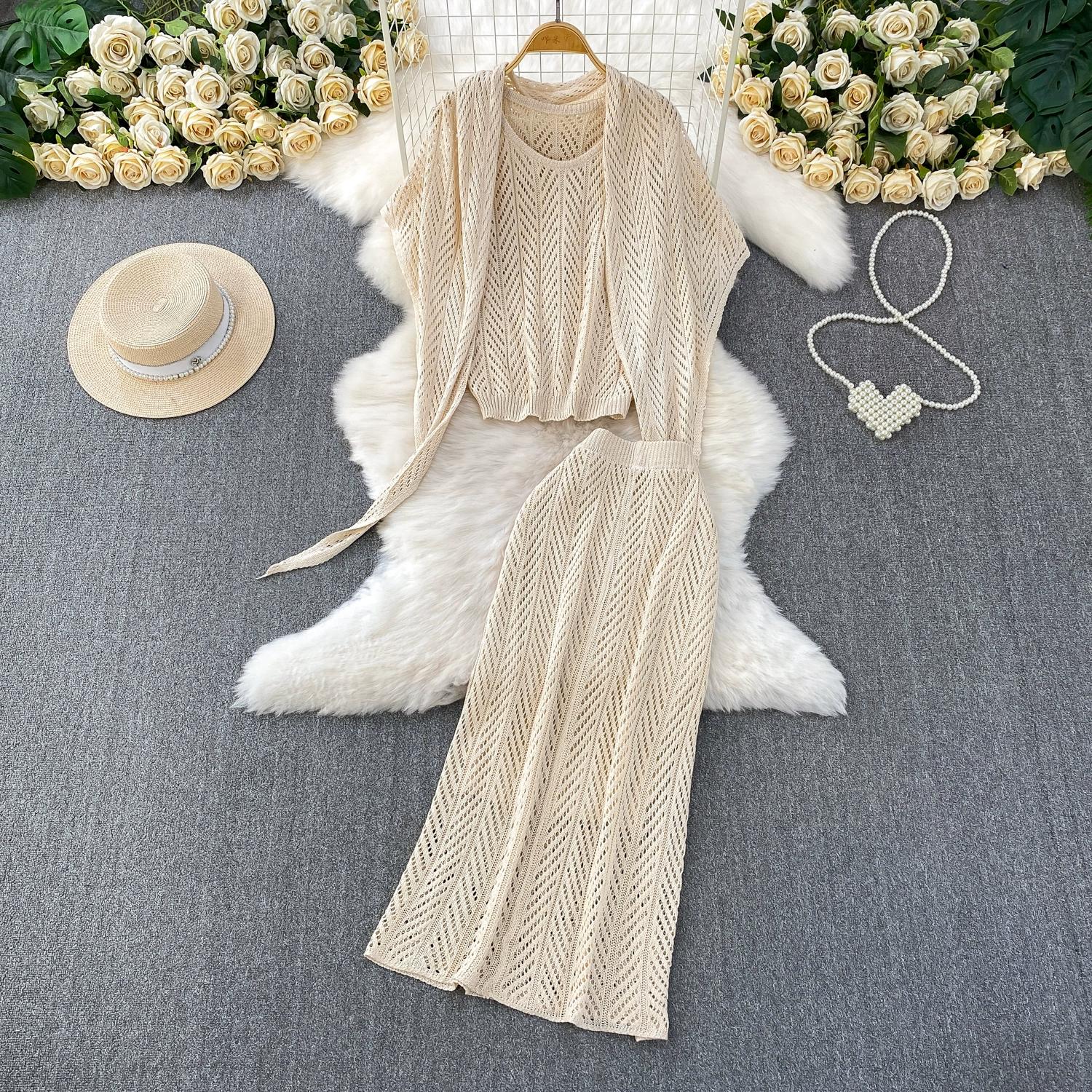 

Летний женский повседневный вязаный свитер с прозрачными вставками, комплект из 3 предметов: пуловер с рукавами, шаль и длинный миди облегающий юбочный костюм One size абрикосовый