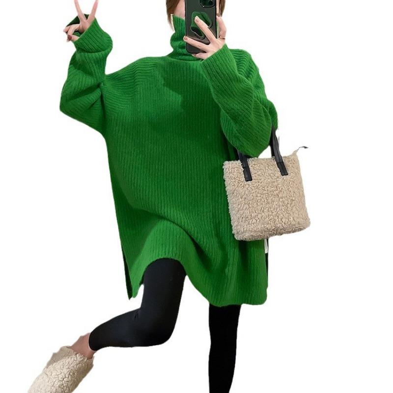 Soft Waxy Turtleneck Lazy Sweater Women's Autumn and Winter New Design Sense Versatile Split Fork Medium and Long Bottoming Top