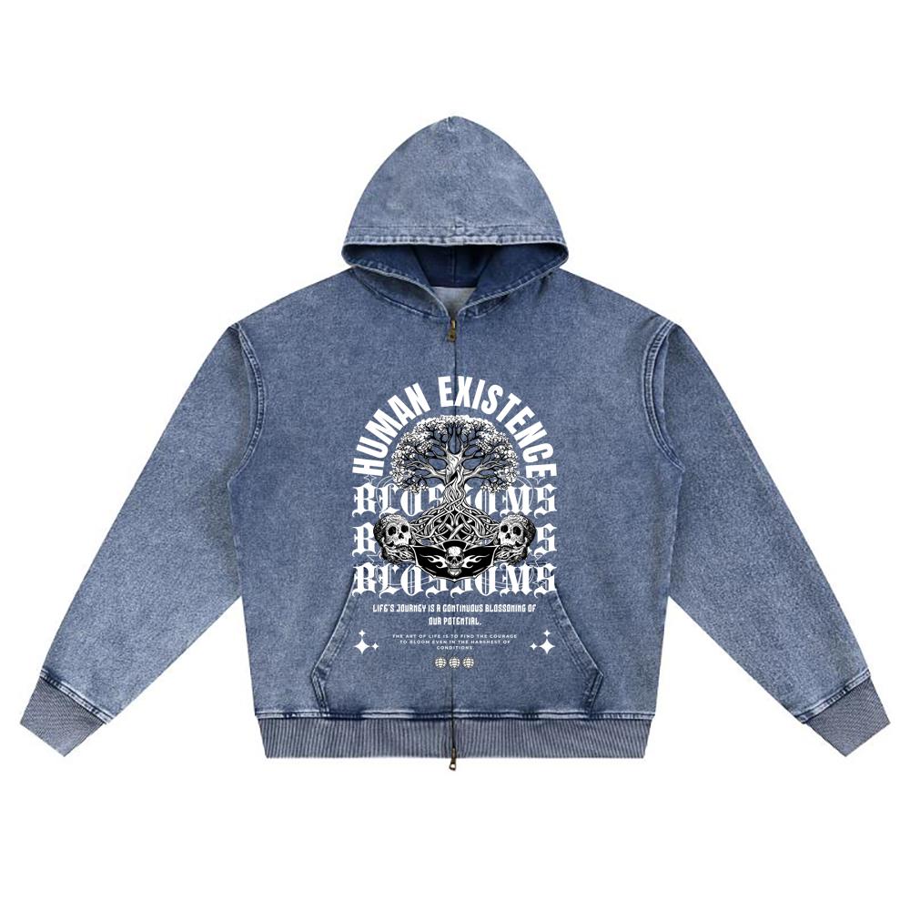 DTG Print Knitted Denim Zip-Up Hoodie Human Existence Streetwear Brother Print Zipper Hoodies  