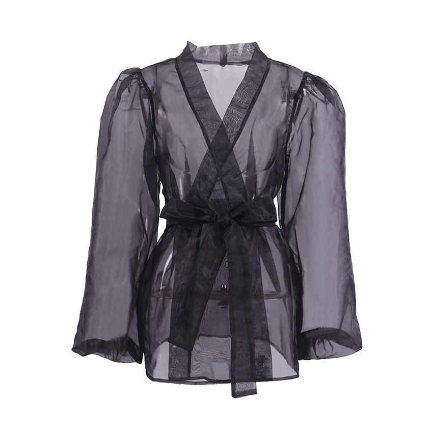 Spring/Summer Sexy Black Sheer Mesh Shirt Jacket For Women, Niche Long-Sleeve Blouse For Girls