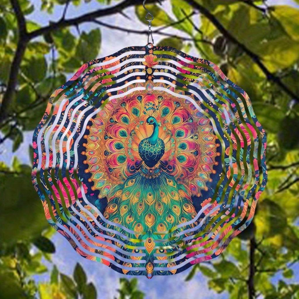 Flower Peacock Wind Chime Outdoor Garden Patio Decor Weatherproof 2D Art Rotating Hook Holiday Home Decoration