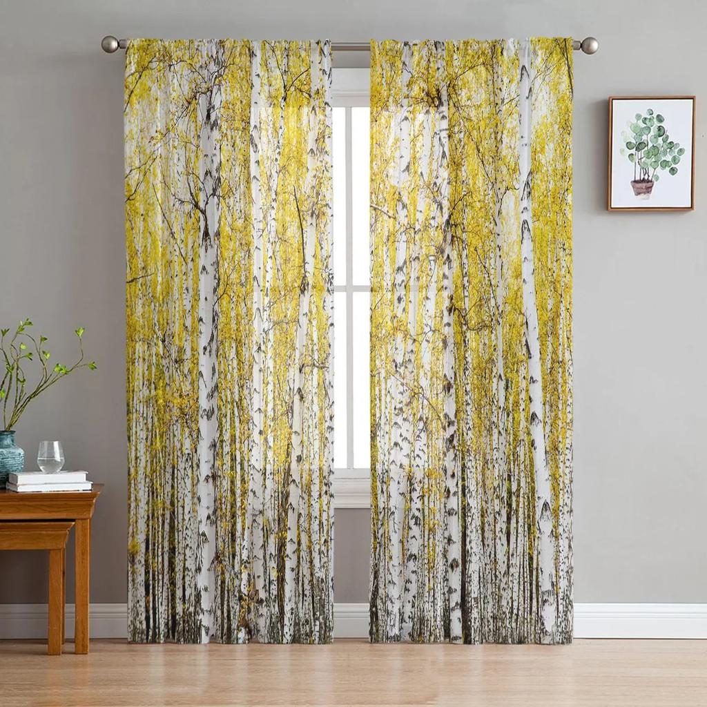 Pflanze Gelbbirke Baum Wald Transparente Vorhänge Wohnzimmerfenster Tüllvorhänge für Schlafzimmer Küche Heimdekoration Voile-Vorhänge