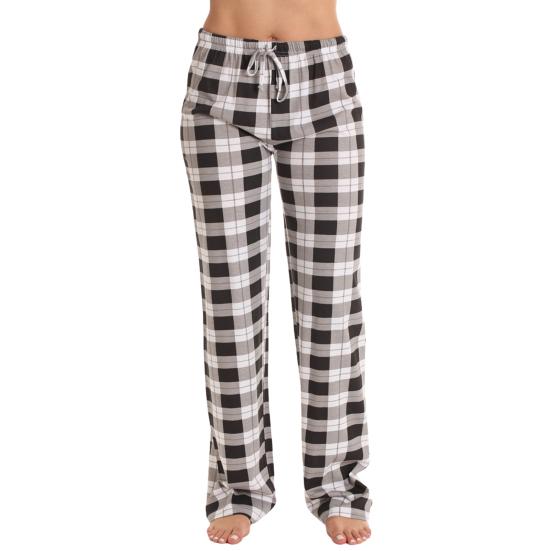 Calças Femininas para Casa Cintura Elástica com Cordão Casual Calças de Perna Larga Estampa Xadrez Caimento Solto Calças de Lazer