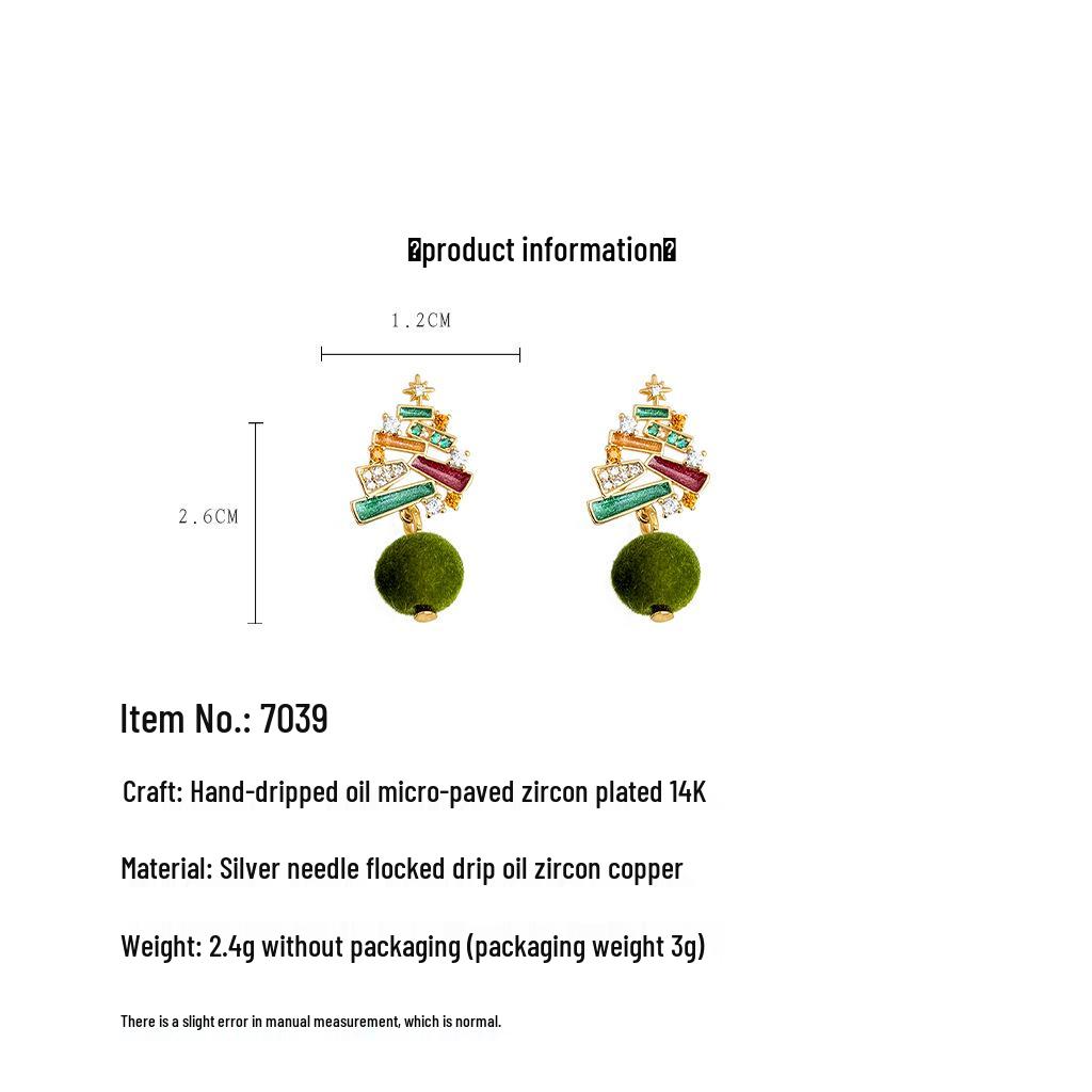 Hand-Painted Christmas Tree Zircon Flocking Pompon Earrings - 925 Silver Needle
