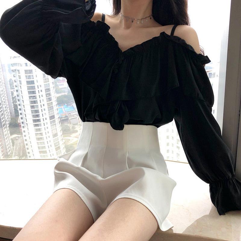 Off Shoulder Blouses Women Ruffles Sexy Party Design Stylish Solid Feminine Leisure All-match Spring Soft Popular Ins