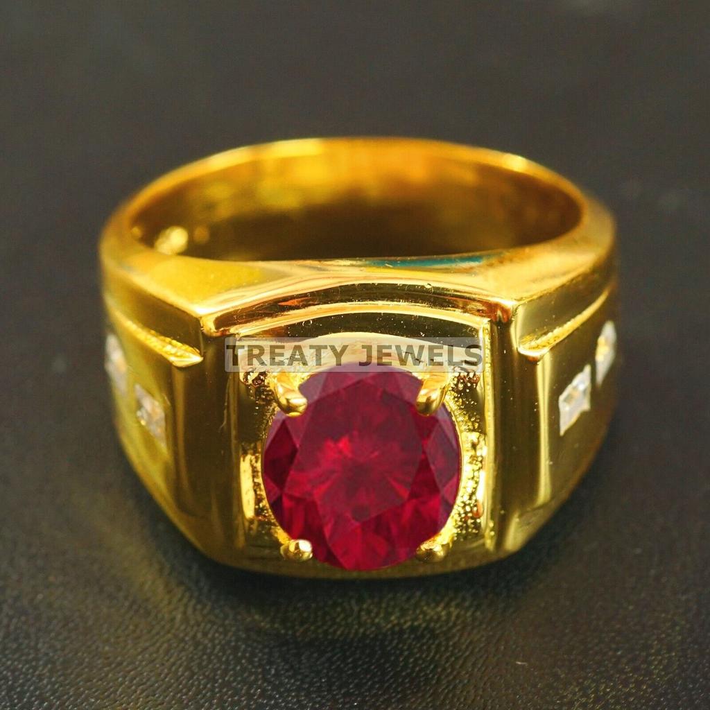 Ruby Oval Cut With 925 Sterling Silver Gold Plated Ring For Men's #B519 JL375684090654