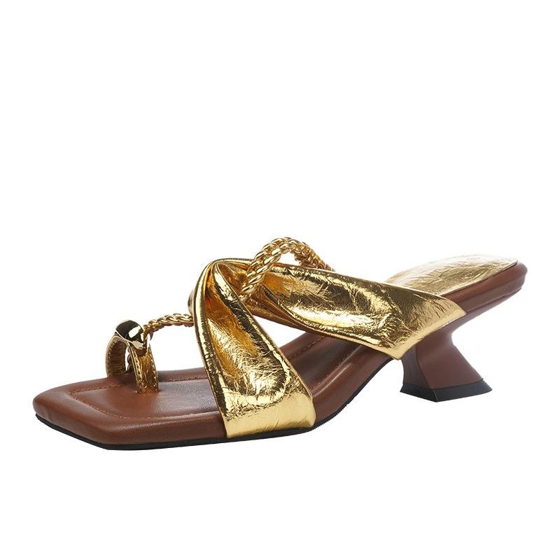 Retro Dreifach-Riemen Halbschuh Sandalen Damen Hoher Absatz Geformter Absatz Außen Urlaub Lässig
