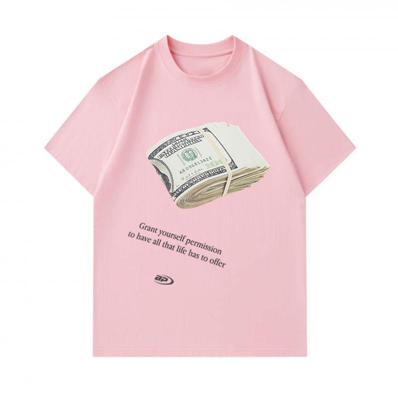 100% Cotton Men's Crew Neck Short Sleeve T-Shirt, Stacked Dollars Pattern Print, Grant Yourself Permission Graphic Casual Comfortable Tee for Daily We