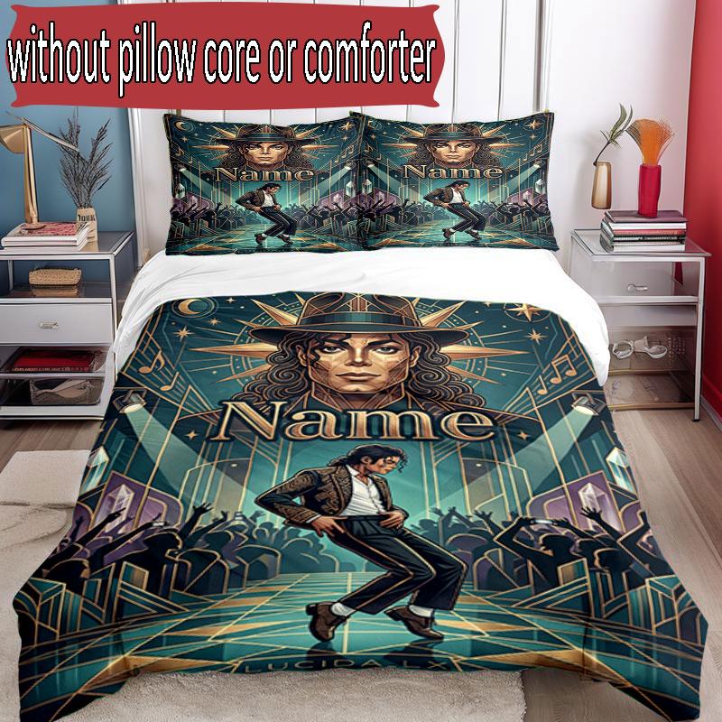 3pcs Duvet Cover Set (1*Duvet Cover + 2*Pillowcase, Without Core), Custom Name Michael Jackson Pattern Bedding Set, Home Bedroom Decor Gift