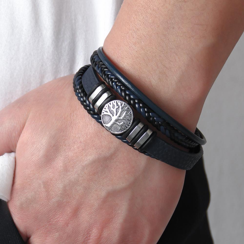JMXD Leather Bracelet Tree of Life Stainless Steel Oval Ring Woven Braided Strap Fashion Accessory Unisex Gift