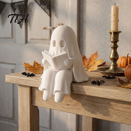 Small Shelf Sitter Ghost Reading Book Halloween Decoration, 3D Printed Statue, Creative Holiday Gift Cute Spooky Sitting Figurine for Bookshelf,