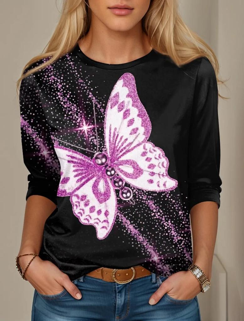 Fashion Women's Autumn Pullover Long Sleeve T-shirts 3d Printed Graphic Colorful ButterflyO Neck Oversized Casual Tee Imitation Cotton Material 2024