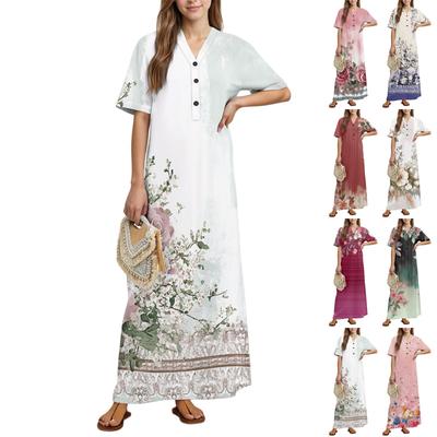 Damenmode Bedrucktes Nachthemd Hauskleidung Kurzarm-Nachthemd mit Taschen Langes Kleid