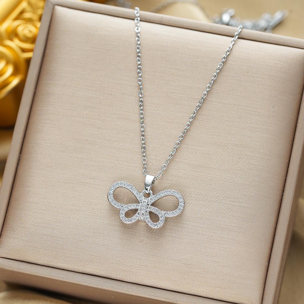 Titanium Steel Zircon Butterfly Pendant Necklace - Simple & Versatile Clavicle Accessory