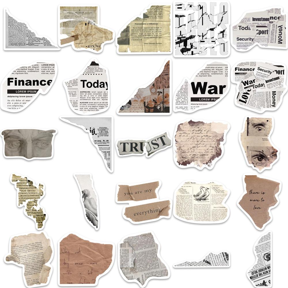 52Pcs Vintage Newspaper PVC Sticker Aesthetic Children's Korean Stationery School Supplies Scrapbooking DIY Decoration Sticker