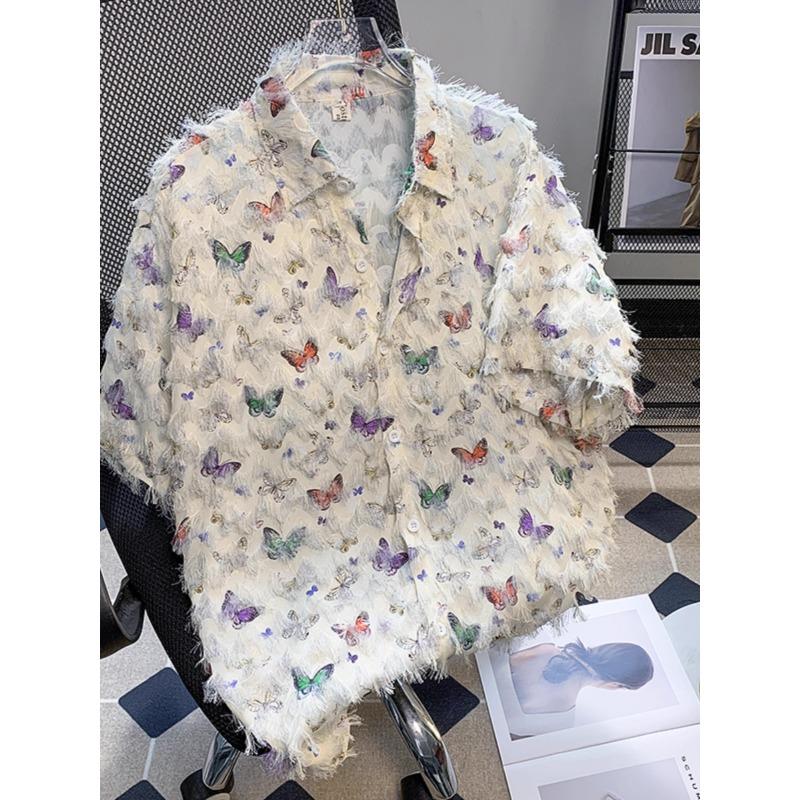 

Женская рубашка с кисточками и бабочками, отложной воротник, короткий рукав, застежка на пуговицы, летняя, модная, повседневная, женский модный топ XL разноцветный