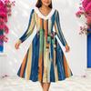 Women Plus Size V Neck Faux Fur Trim Long Sleeve Blue Green Abstract Print Belted Midi Dress