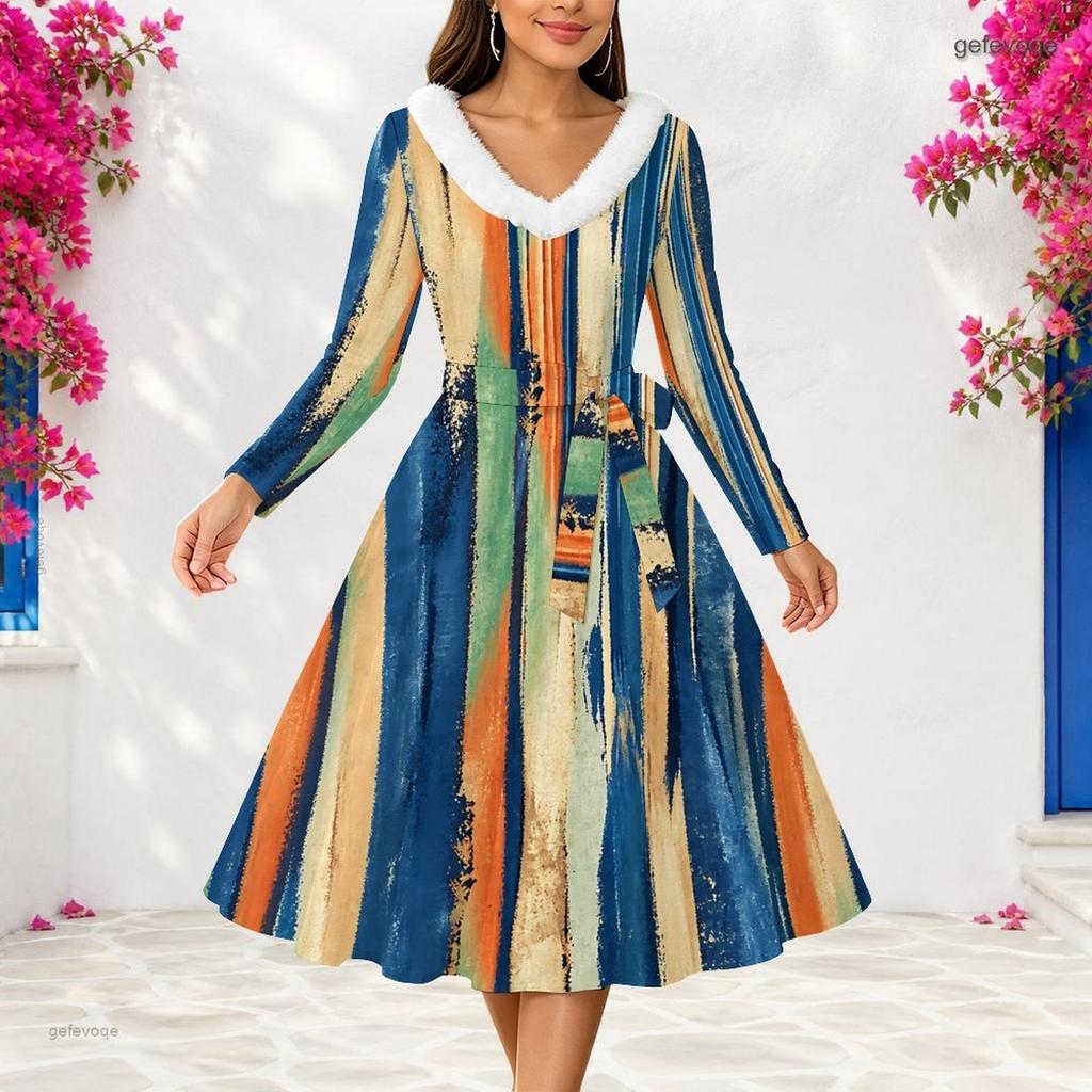 Women Plus Size V Neck Faux Fur Trim Long Sleeve Blue Green Abstract Print Belted Midi Dress