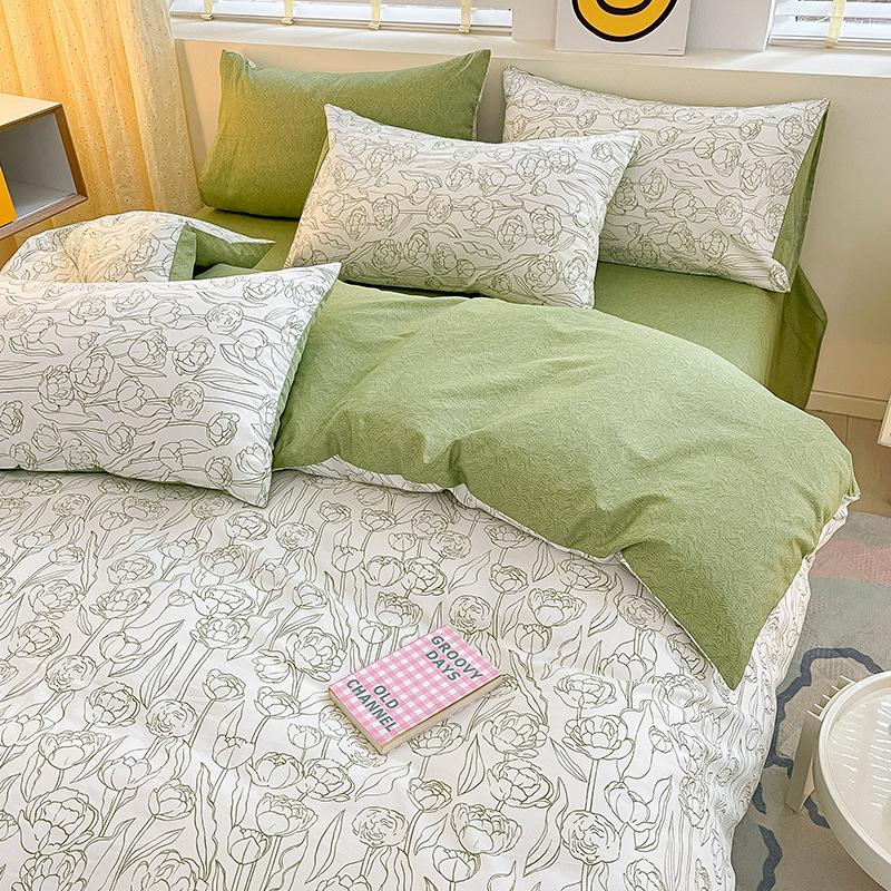 Juego de cuatro piezas de algodón puro de 60 hilos, cama gruesa de algodón puro, juego de tres piezas, algodón de fibra larga, funda de edredón pequeña y fresca, sábana ajustable