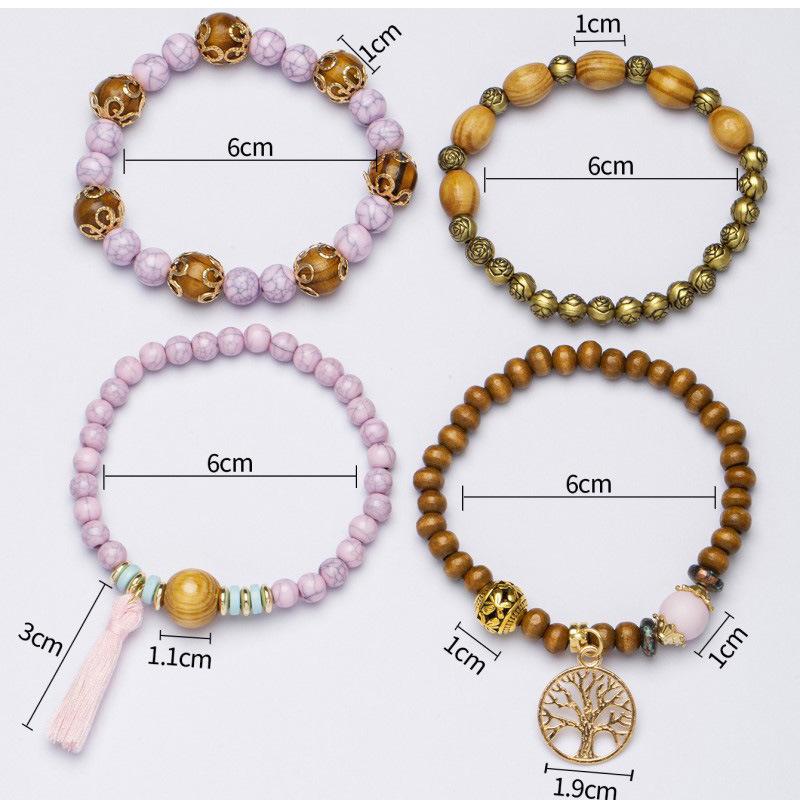 4Pcs Bohemia Tree Of Life Charm Beaded Bracelet Set For Women Handmade Wood Beads Chain Bangle Female Boho Jewelry