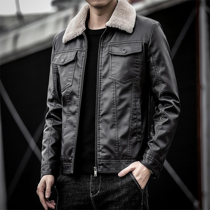 New leather jacket men's fur integrated pu leather jacket locomotive lapel men's fleece thickened leather jacket slim fit