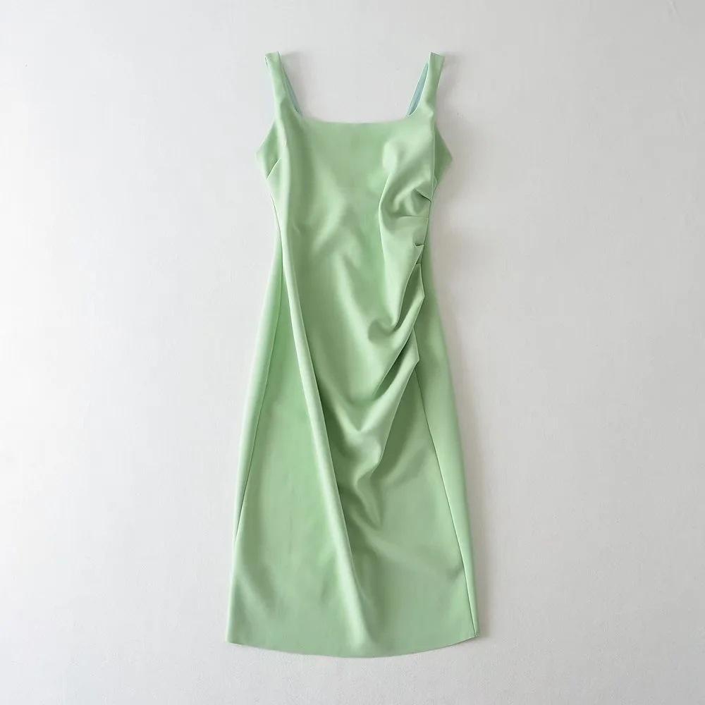 2025 Side Pleated Vest Dress, European And American Style Women'S New Solid Color Tight Strap Dress