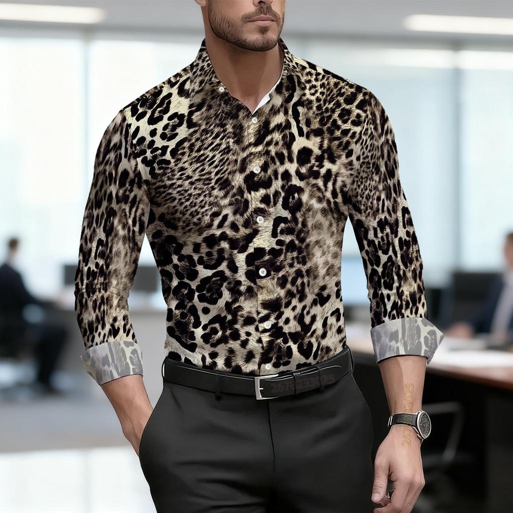 2026 Nuova Camicia da Uomo Personalità Retrò Stampa Leopardata Manica Lunga Business Slim Fit Tendenza Moda Top Casual da Uomo