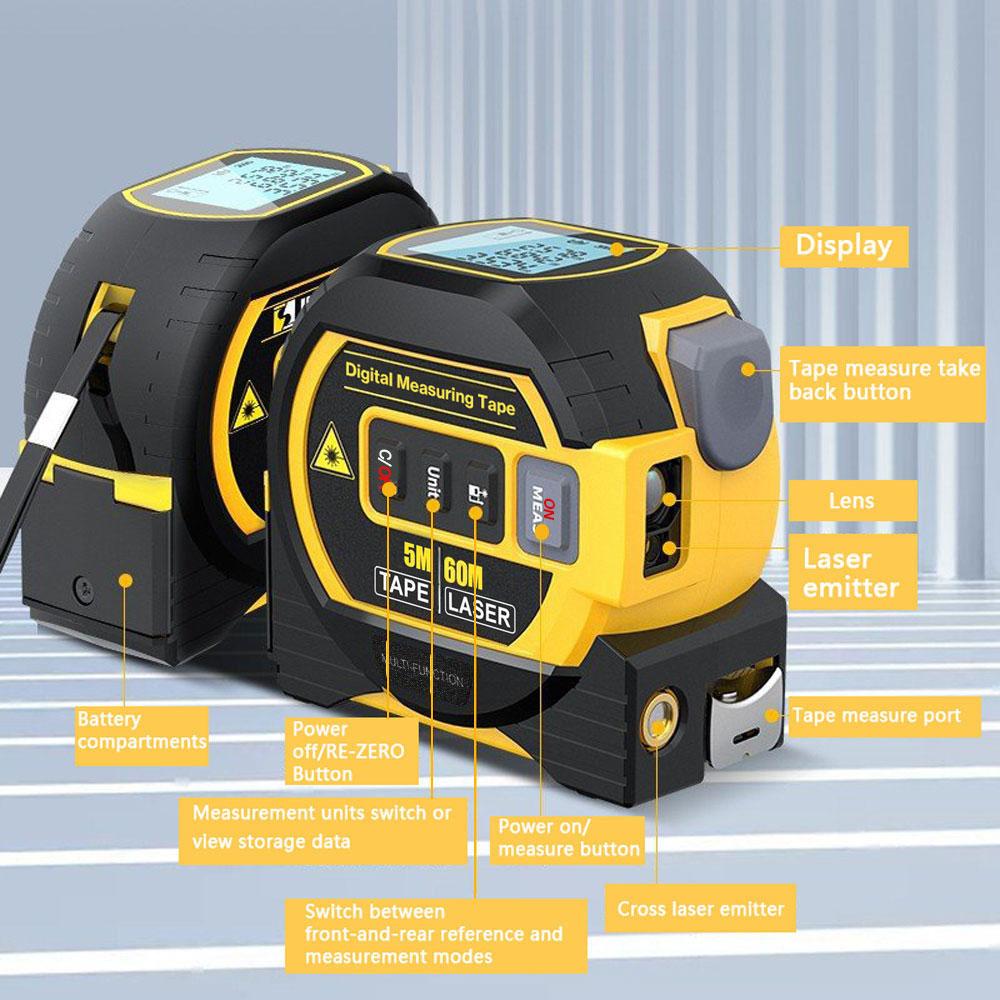 40m/60m 3-in-1 LCD Laser Tape Measuring Almighty Ruler Digital Tape Measure with Laser
