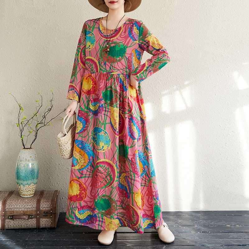 Large Size Summer Vintage Floral Loose Dress Flowing A-line Dress Women