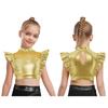Kids Dance Shirt Metallic Mock Neck Mesh Patchwork Rhinestone Ruffle Crop Top with Press Buttons