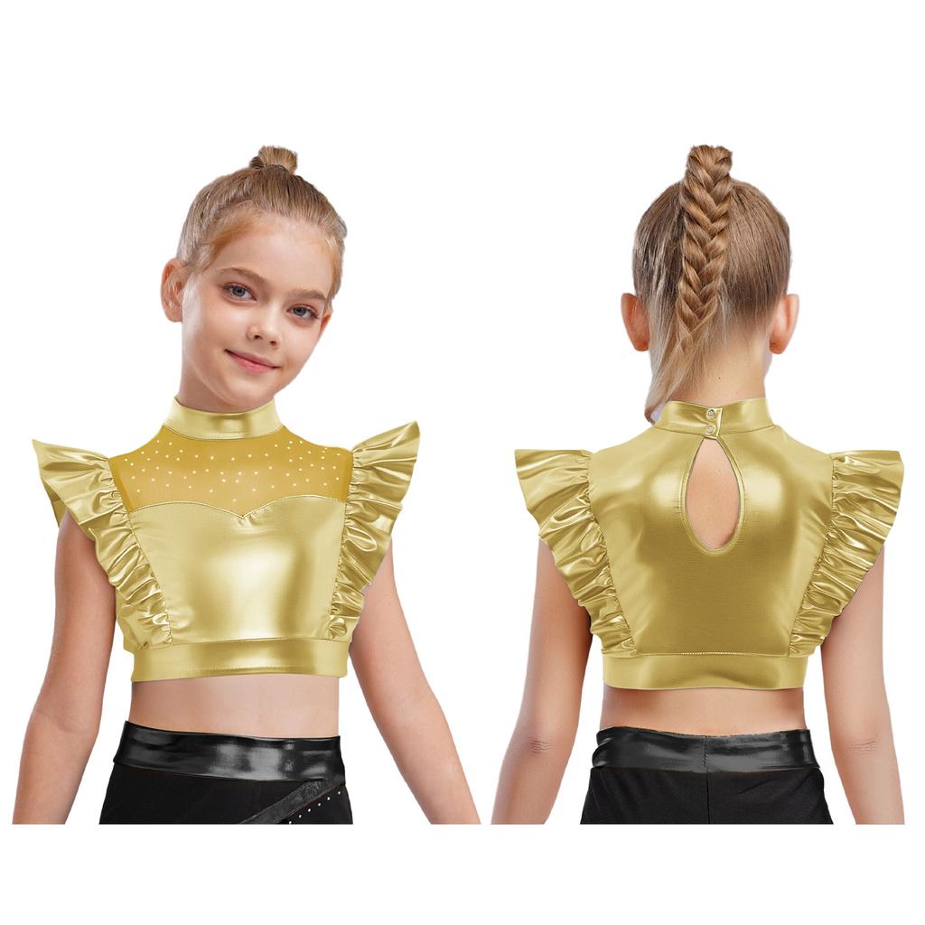 Kids Dance Shirt Metallic Mock Neck Mesh Patchwork Rhinestone Ruffle Crop Top with Press Buttons